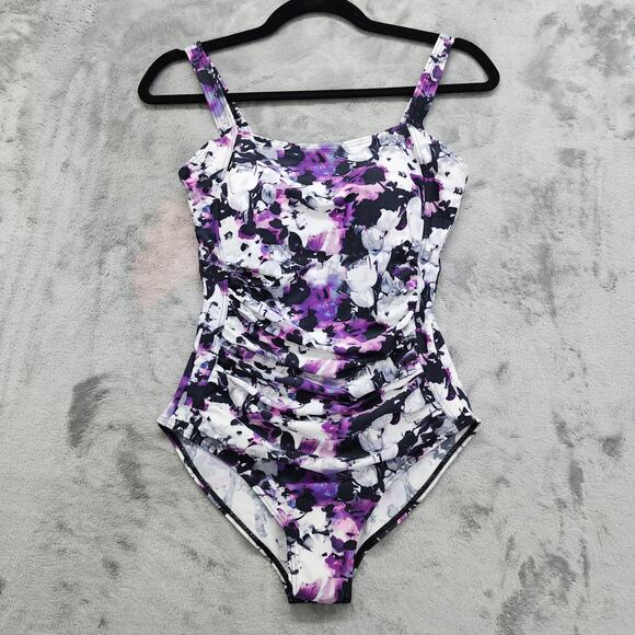 NEW Jusfitsu Swimsuit Size 6 Purple Black Floral Ruched Tummy Control High Cut - Picture 1 of 12